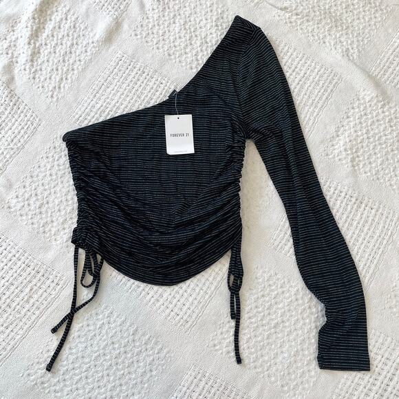 new black shimmer silver stripe one shoulder ruched top TLS1 2915 - Picture 8 of 10